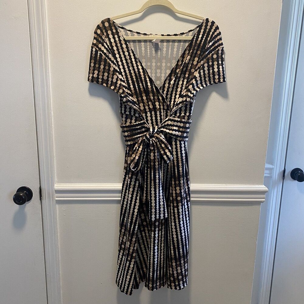 MKM Designs Women’s Dress 2X Brown Polka Dot Wrap Tie Waist Made in USA Retro